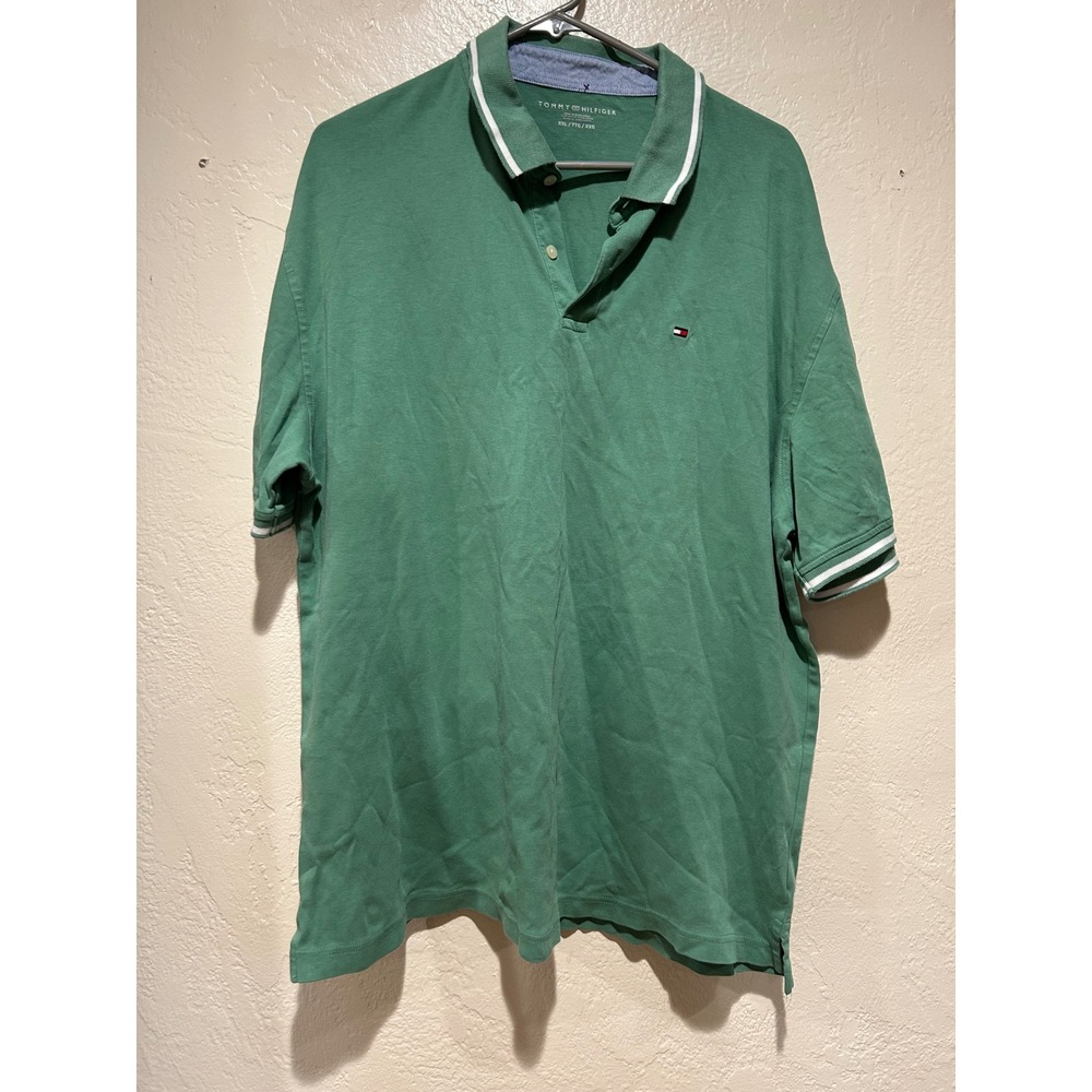 Tommy Hilfiger Mens XXL Green Short Sleeve Tipped Polo Shirt Cotton Logo‎